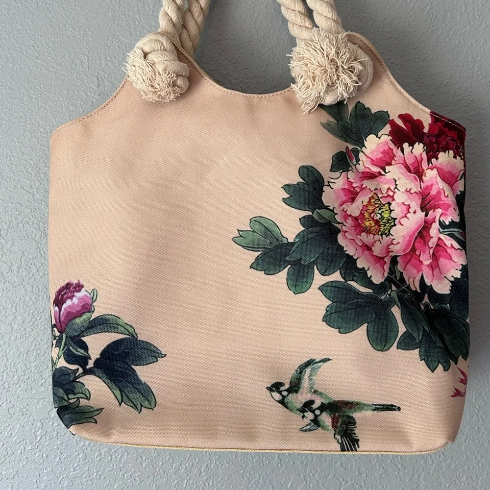 To Go Go Women’s Canvas Bag Rope Handles Flowers and Birds Purse Beach Travel